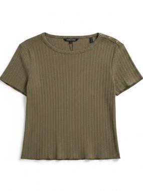 Veronica Beard  Stone Army Ribbed Draya Tee with Shoulder Buttons